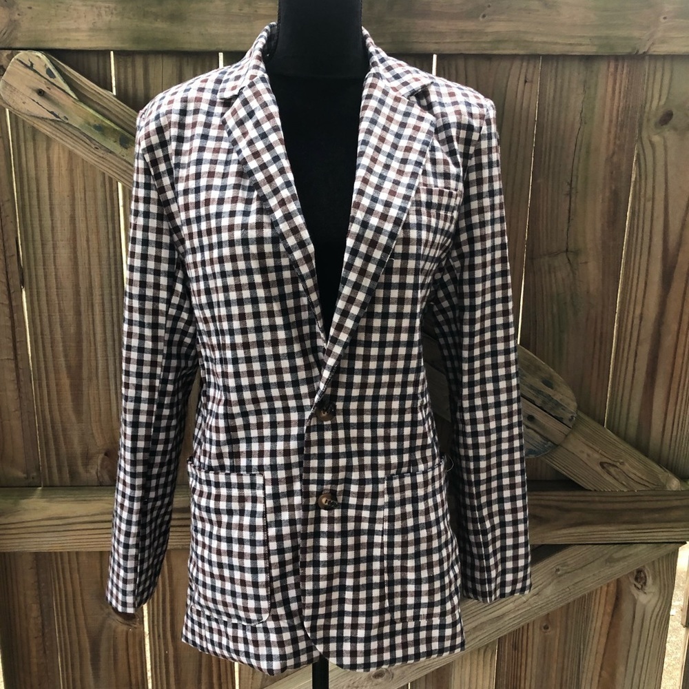 New OC OrderPlus White Black Brown Checked 2 Button Collared Blazer Jacket M